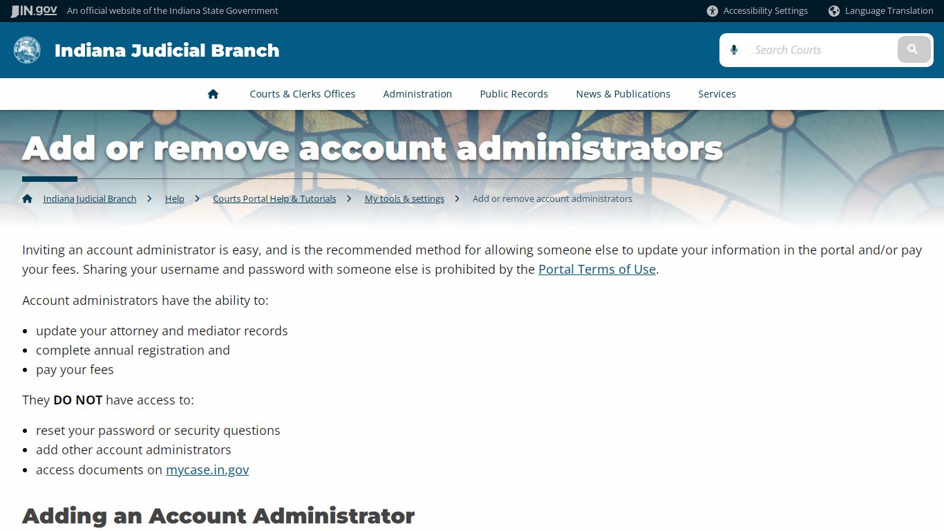 Add or remove account administrators - Courts